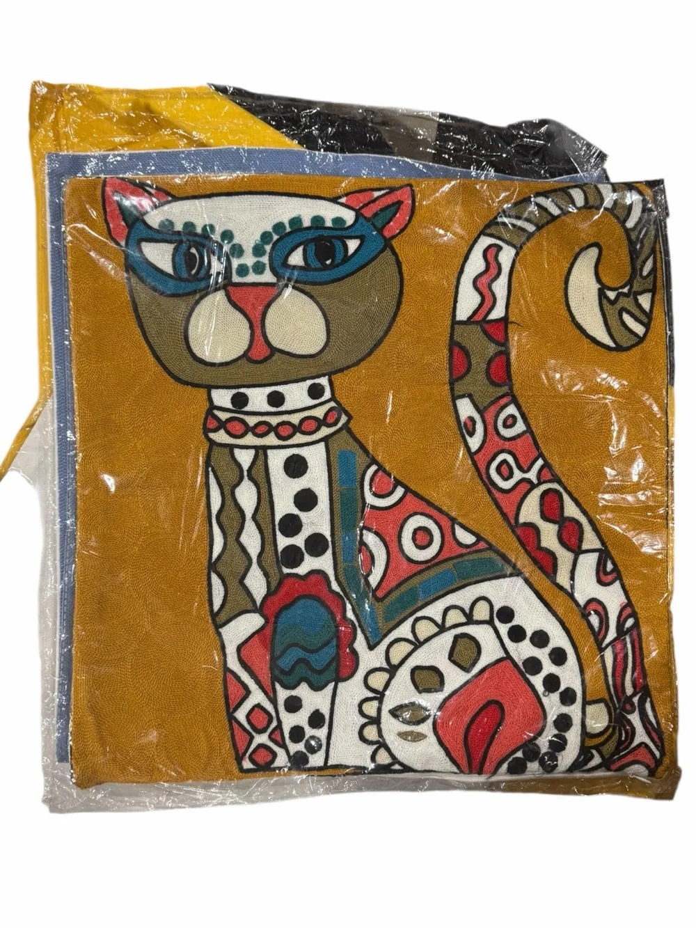 Egyptian Cat Mom Funky Hand Woven 18x18 Cat Pillow cover Yellow gift